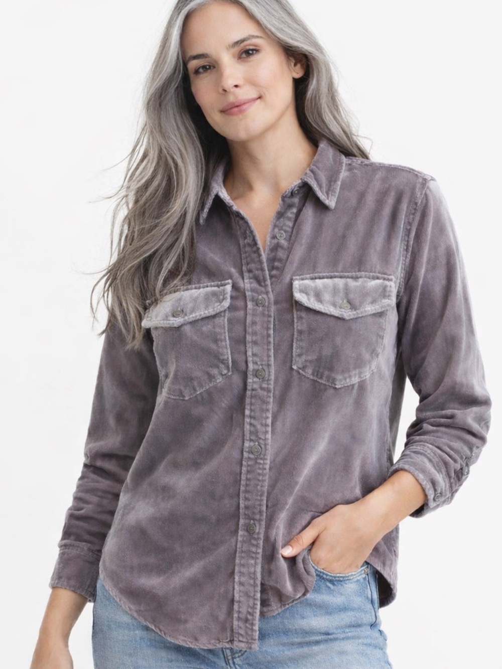 J. Crew Silver Grey Velvet button up shirt.